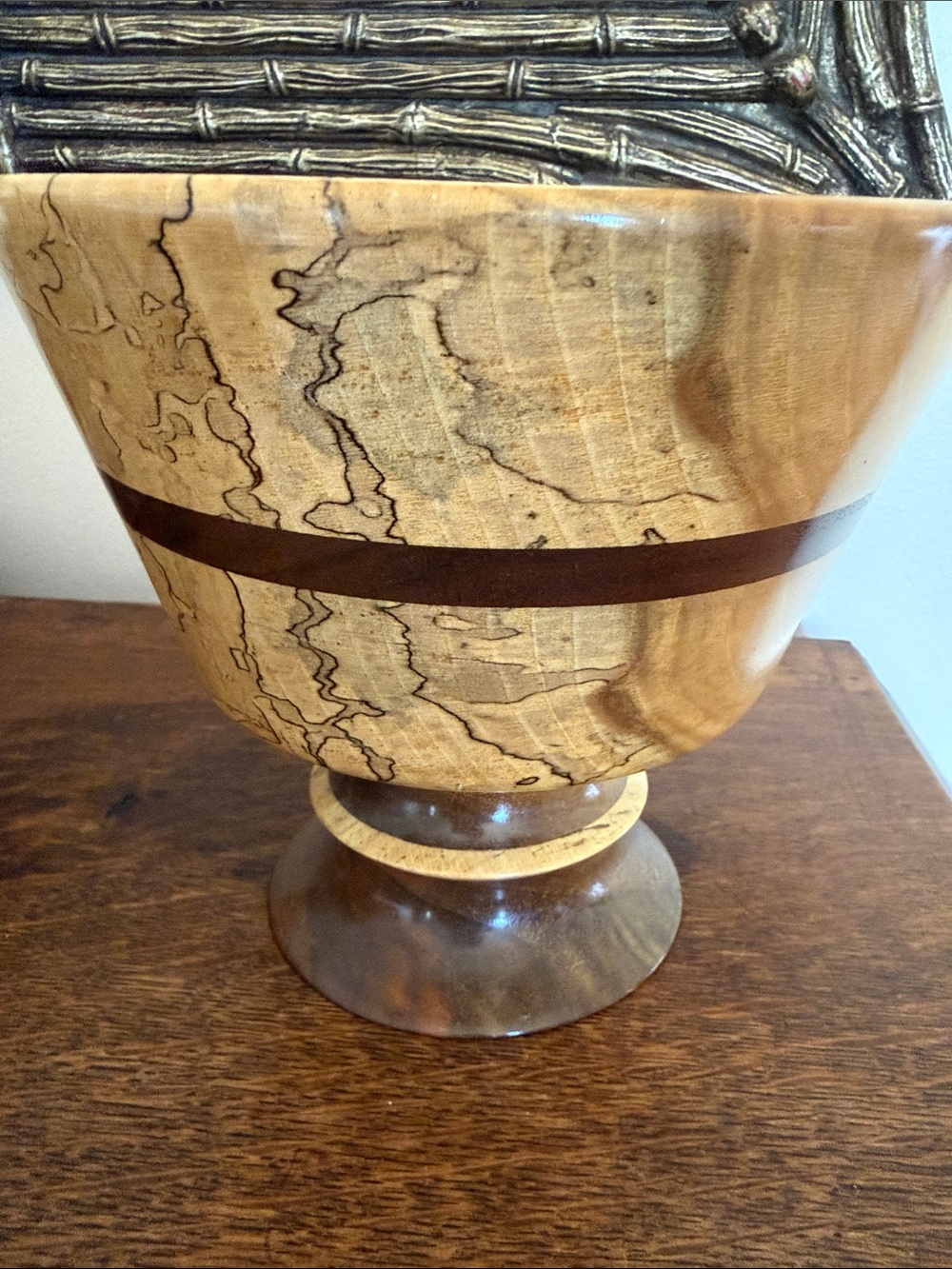 Hand-Turned Spalted Maple Decorative Wooden Bowl with Dark Inlay
